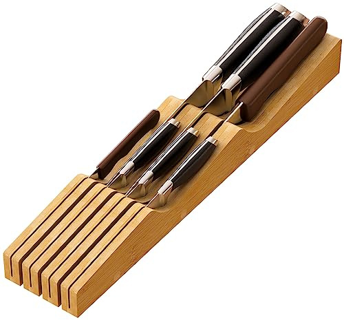 Knife Drawer Organizer, Bamboo Wood Knife Holder, Knife Block Fit for 7 Knives