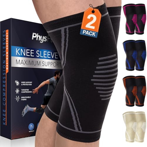 PhysFlex Knee Brace for Pain Relief - 2 Pack Knee Compression Sleeves for Men and Women - Support for Weightlifting, Gym, Workout, Volleyball - Meniscus Tear, ACL, Arthritis