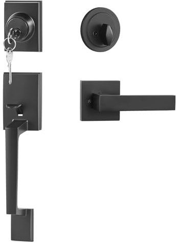 VEVOR Set Maniglia per Porta d'ingresso, Set Maniglia Quadrata Nera Opaca Maniglia per Porta d'ingresso a Cilindro Singolo con Reversibile per Ingresso e Porta d'Ingresso per Mano Destra e Sinistra
