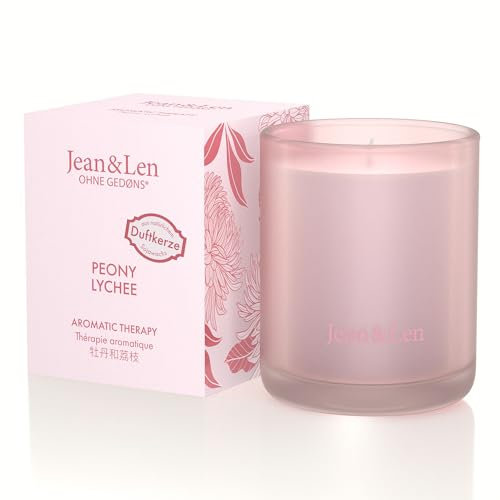 Jean & Len Aromatic Therapy Peony & Lychee, natürliche Sojawachskerze, zarter-floraler Duft, Brenndauer 4 hrs, Duftkerze im Glas, 120 gr