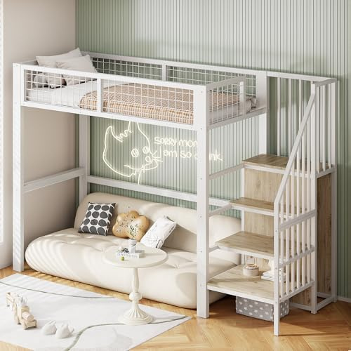 Merax Métal Lit Mezzanine 90 x 200 cm, avec Garde-Robe, Multifonctionnel Lit Mezzanine 1 Place avec Escalier, Blanc (sans Matelas)