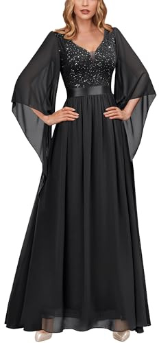 MIUSOL Women's Elegant Sequin Insert Lace Sheer Chiffon Deep V Neck Flare Sleeve Evening Prom Formal Long Dress (X-Large, Black)