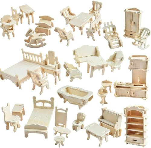 Ensemble de meubles en bois pour maison de poupées, 34 pièces, bricolage en bois, puzzle 3D modèles miniatures à l'échelle objets miniatures jouets accessoires