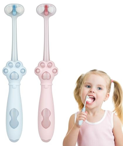 LOPHE 2 Stuck Zahnbürste, Weiche Zahnbürste Kinder, 3-Seitig Zahnbürsten Edelweiß-Baumwolle, V Förmige Dreiseitige Zahnbürste, Komplette Zahnfleischpflege Reinigen Sie Jeden Zahn(Rosa+Blau)