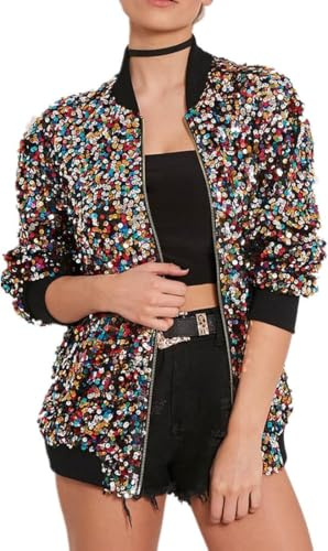 Bomber da donna con paillettes colorate – lucido glitter sirena paillettes cerniera blazer manica lunga cerniera frontale cappotto scintillante vestito alla moda per concerti, feste, Natale, danza,S