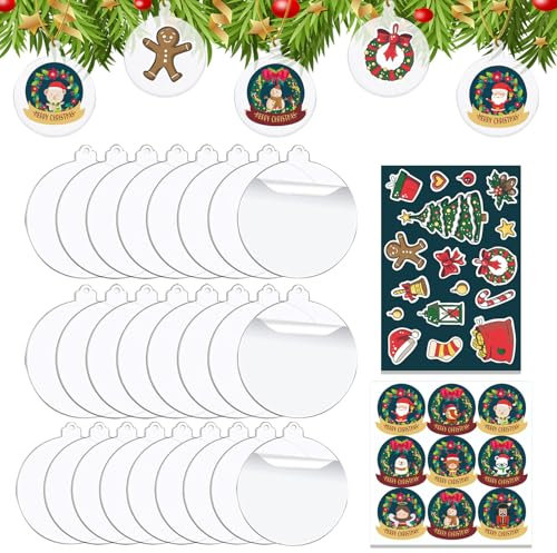 JSTHHTT 25 pcs 7.5 cm Palline di Natale in acrilico trasparente, Con 2 adesivi natalizi, Addobbi Albero di Natale, Palline di Natale Personalizzate, per L'albero di Natale Festa Sospeso Decorazione