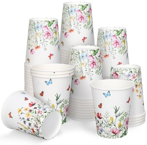 FYSUIMU 50 bicchieri di carta con fiori selvatici da 255 ml, usa e getta, tazze da caffè floreali per feste di nozze, matrimoni, baby shower, feste di compleanno