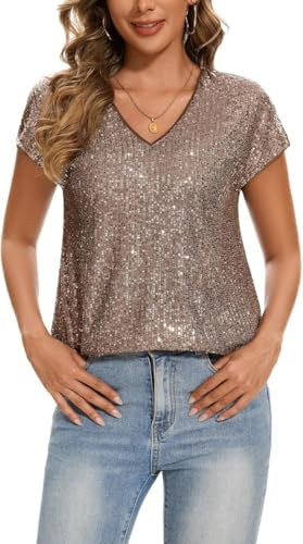 Kyzoeyou Women's Sequin Tops for Party Evening Glitter Sparkly Short Sleeve Blouse V Neck Tops (Dark Champagne L)