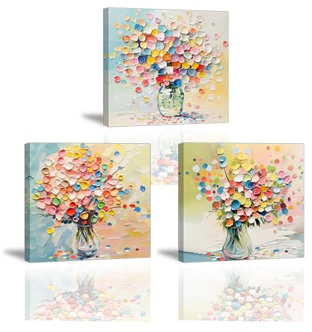 Piy Painting Arte mural en lienzo, Cuadros murales de flores, Impresiones sobre lienzo en color, Fácil de colgar Para Dormitorio Salón Baño Entrada, 3 piezas 30x30cm (90x30cm)
