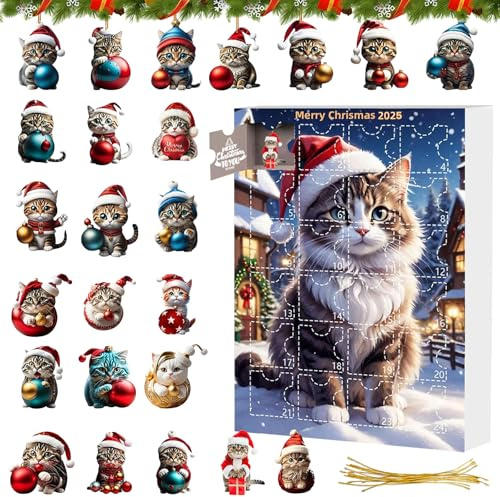 Calendario dell'Avvento per gatti 2025, ciondolo per albero di Natale, 24 giorni, calendario del conto alla rovescia per gli amanti dei gatti, decorazione dell'albero di Natale per gli amanti dei