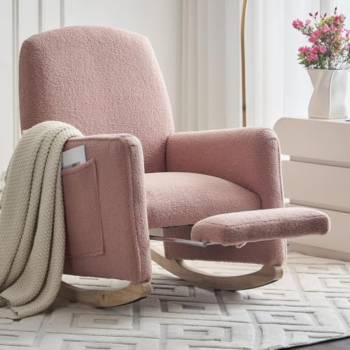 UIHECTA Sedia A Dondolo, Sedia Cameretta Bambini Poggiapiedi Regolabile E Schienale Alto, Sedia A Dondolo Cameretta Bambini Tasche Laterali, Sedia A Dondolo Imbottita,Rosa