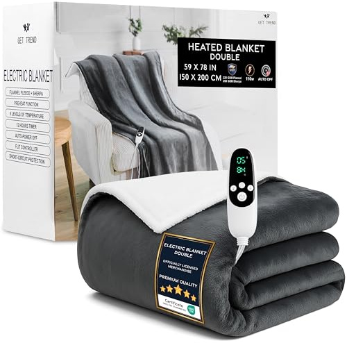 Get Trend Elektrisk värmefilt 150 x 200 cm, sherpa-fleecepläd, 9 nivåer med 12 timmars automatisk avstängning, maskintvättbar, presentidé (mörkgrå, dubbel EU)