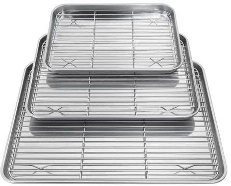 Gardenko Teglie in acciaio inox 304 con griglia di raffreddamento – Set 3 pezzi per cottura, pasticceria, biscotti e ricette croccanti