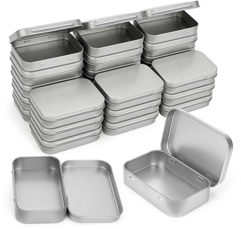 WeeGoo 24 Pcs Metal Tins with Hinged Lids, Silver, 9.5x6x2 cm
