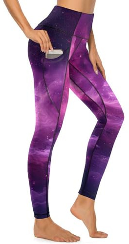 KAKIFE Pink Purple Galaxy Leggings with Pockets for Women High Waist, Tummy Control Yoga Pants, Stretchy Athletic Running Workout Leggings 2XL
