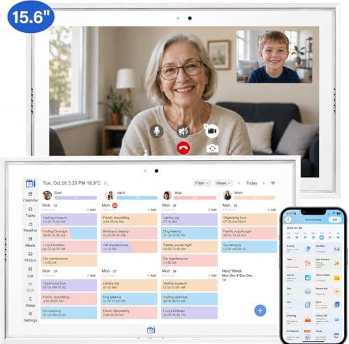 Calendario Digitale, Calendario Elettronico da Parete 15,6 con Telecamera, Planner Familiare Intelligente, Ricompense per i Risultati e Pianificatore dei Pasti, Calendario Smart Schermo Touch 1080P