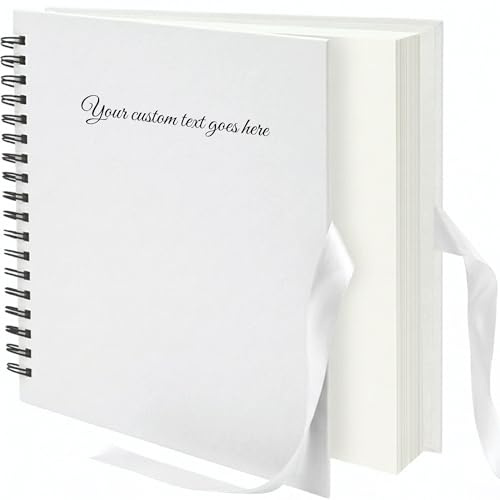 ARPAN Personalised Text Scrapbook Album Spiral Bound Photo Album 100 Pages Thick Paper DIY Memory Book for Wedding Birthday Travel Art Craft 26 x 25.5 cm Ribbon Closure (White Cover-White Sheet)