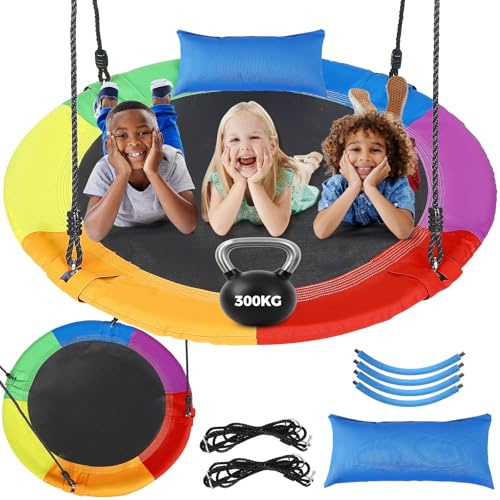 Balançoire Nid & Ronde 120 cm avec Coussin Amovible, Charge maximale 300kg | Cordes réglables 120–177 cm, tissu Oxford 900D résistant, adapté aux adultes et enfants, usage intérieur et extérieur