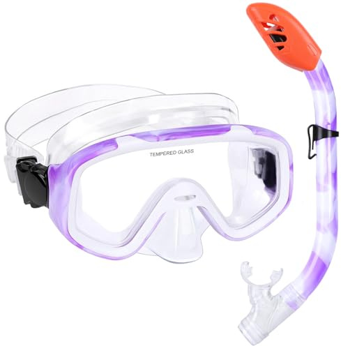 Kids Snorkel Set, Children Anti-Fog Diving Mask Swimming Goggles Dry Top Snorkel Equipment Snorkeling Packages Swimming Gear for Youth Boys Girls Age 5-10 (Purple White)
