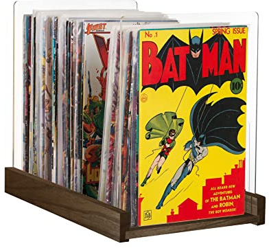 Comic Book Storage Holder - Display Case for Collectors - Wood & Acrylic Comics Box, Bin & Organizer - Magazines & Books Boxes for Organization - Stores Up To 150 Issues - 14.5x8 Inches (Dark Walnut)