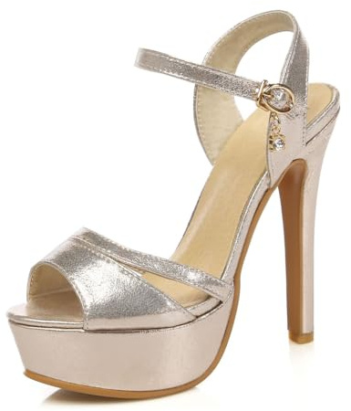 CRETUAO Sandalias con tacón de Mujeres, Plataforma de Club Nocturna Sexy Stiletto Showing de 14 cm Buckle Ladies Summer Zapatos,Oro,37 EU