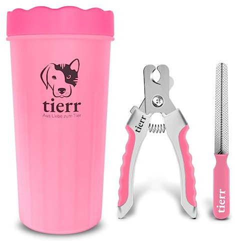 tierr Pfotenreiniger für Hunde | Entfernt Schmutz von Hundepfoten | Gründliche Reinigung mit weicher Bürste | spülmaschinenfest (Pink, Größe L + Krallenschere)