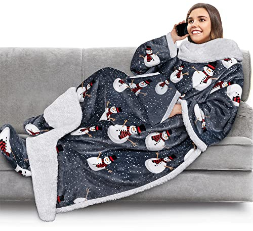 PAVILIA Coperta in pile con maniche, tasche per i piedi, per donne, uomini, adulti, coperta indossabile in peluche, calda coperta avvolgente, comoda idea regalo per moglie, mamma, fantasia: pupazzo di