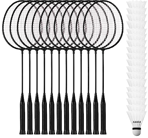 Wettarn 12 Pcs Badminton Rackets with 18 Nylon Badminton, Badminton Racquet Bulk, Shuttle Badminton Set for Adults Teenagers Youth Beginners Advanced Player Backyard Gym Beach Outdoor (Black)