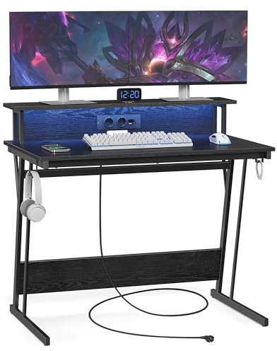 VASAGLE Bureau Gaming avec LED et Multiprise, Table Gamer, Bureau Informatique avec Rehausseur d’Écran, pour 2 Ordinateurs, pour Chambre, 60 x 100 x 76 cm, Noir Boisé LWD191B56