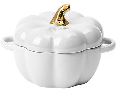 Justup Cuenco para sopa con asa, 450 ml, tazas de calabaza de cerámica con tapa, ensaladera para microondas, vajilla decorativa para Acción de Gracias, Halloween, fiesta de calabaza (blanco)