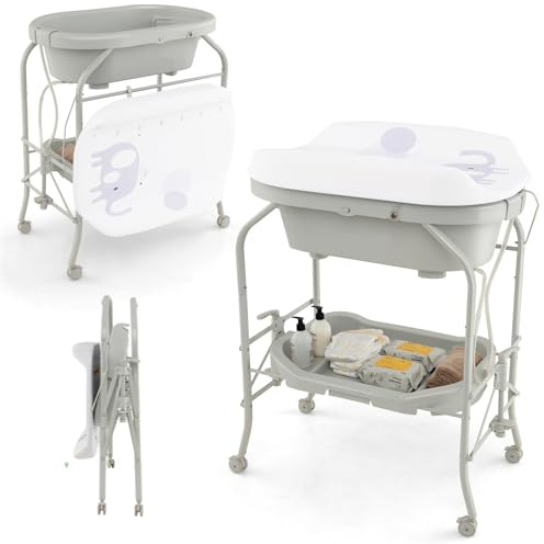 COSTWAY Bañera Bebe con Cambiador 4 en 1, Bañera Cambiador Bebe con Bandeja y 4 Ruedas Bloqueables, Cambiador Bebe Portátil y Plegable con Cesta de Almacenaje, Cojín Impermeable,Carga 35kg(Gris Claro)