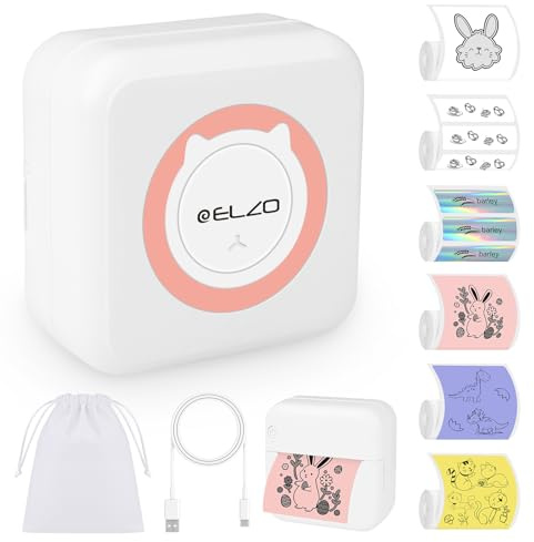 ELZO Etikettendrucker Bluetooth mit 6 Rolle Etiketten,Etikettendrucker Selbstklebend Mini Thermo Etikettiergerät,Tragbarer Label Printer für Kleine Unternehmen,Home Office mit USB Aufladen