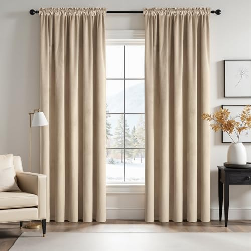 MIULEE Cortina Opaca Terciopelo Cómodo de Ventana Cortinas de Bolsillo Proteger Privacidad Monocromática Moderno para Salón Habitación Dormitorio Sala de Estar 2 Hojas 140x260cm Beige