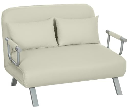 HOMCOM Sofá Cama de 2 Plazas 3 en 1 Sofá Cama Plegable Tapizado en Ante Sintético con Respaldo Ajustable de 5 Niveles y 2 Almohadas Acolchadas para Oficina Dormitorio Salón 111x80x78 cm Crema