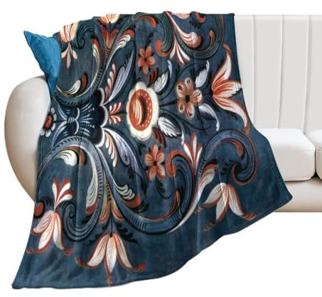 Coperta in flanella norvegese con rosemaling folk, ultra morbida, accogliente, coperta in peluche per divano, sedia, camera da letto, soggiorno, aria condizionata, stanza, 127 x 152,4 cm