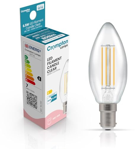Crompton Lamps Filament Candle LED Light Bulb SBC-B15d | 6.5W = 60W Equivalent | Cool White 4000K | Energy Efficient | Small Bayonet Lightbulb | Long Life 15,000-Hrs | Clear Glass