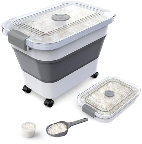 Rice Storage Container, Collapsible Airtight Food Storage Containers 20-30lbs with Clear Lid and Wheels, Rice Dispenser with Scoop for Flour Cereal Pasta Grain, Cat Pet Bird Dog Food Storage Container