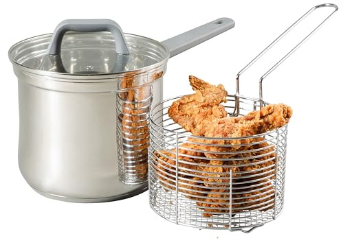 Oster Beauford 3.65-Quart Stainless Steel Deep Fryer Pot with Basket & Glass Lid – Induction, Oven & Dishwasher Safe, 5-Ply Encapsulated Base, Soft-Touch Handle
