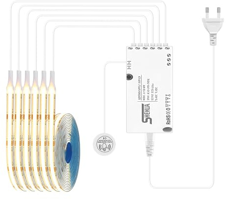 Lot de 6 bandes LED COB - 1 m - Éclairage LED - Panneaux acoustiques - Avec balayage manuel intelligent - Interrupteur tactile pour armoires à vin, étagères, armoires, prise européenne - Blanc chaud