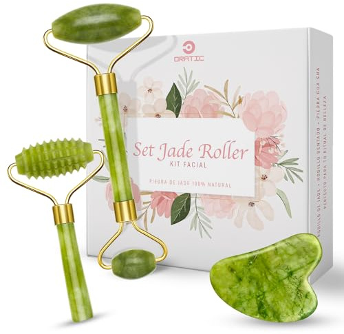 Set GuaSha Facial y Rodillo de Jade 100% auténtico | Masajeador Facial con Rodillo Liso, Rodillo Dentado y Piedra Guasha | Kit Reafirmante y Drenaje antiarrugas para tonificar la piel