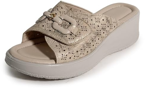 STRAPPO SOFT Ciabatte Donna Estive Regolabile Sandali Zeppa Elegante Comode Tomaia Traforata Traspirante Pantofole Confortevole per Piede Largo Pantofole Anziani da Casa e Tempo Libero Oro 36