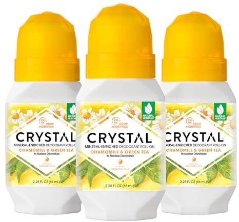CRYSTAL Mineral Deodorant Roll-On- Body Deodorant With 24-Hour Odor Protection, Non-Staining & Non-Sticky Deodorant with Chamomile & Green Tea, Aluminium Chloride & Paraben Free, 2.25 FL OZ - 3 Pack