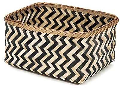 Compactor Cesto in bambù Intrecciato a Mano, Motivo a Zig Zag, Legno Scuro, 30 x 23 x H.15 cm, RAN6434_L