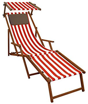 Erst-Holz Liegestuhl rot-weiß Sonnenliege Strandstuhl Deckchair Fußablage Kissen Sonnendach 10-314FSKD