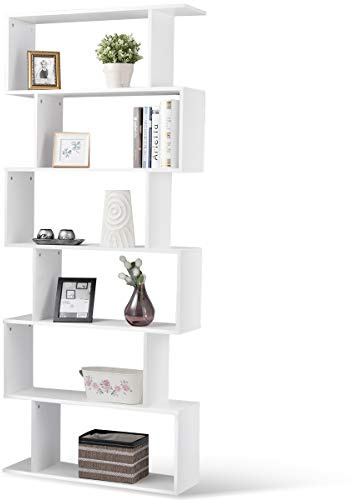 COSTWAY S-Shaped Wooden Bookcase, 5/6 Tiers Freestanding Storage Shelf, Home Office Industrial Decorative Bookshelf Display Stand Rack (White, 80 x 23 x 192cm)