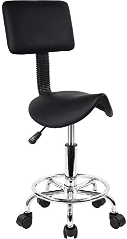 KKTONER Saddle Stool with Foot Rest PU Leather Swivel Adjustable Rolling Stools with Back Support Facial Salon Kitchen Chair (Black)