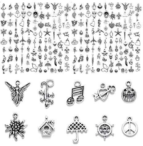 VEGCOO 200 Stücke Charms Anhänger zum Schmuck, Armbänd Ketten Ohrringe Selber Machen, Gemischte Vintage Aesthetic Accessoires Halskette Making Zubehör Silber