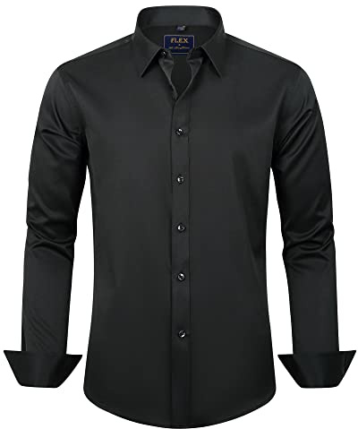 J.VER Men's Dress Shirts Solid Long Sleeve Stretch Wrinkle-Free Formal Shirt Business Casual Button Down Shirts Black Small
