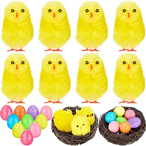 Skylety 20 Piezas Mini Pollitos Peludos de Colores de Pascua Mini Huevos con Purpurina y Mini Nidos de Pájaros Adornos de Decoraciones de Pascua Artes y Manualidades para Decoraciones de Pasteles