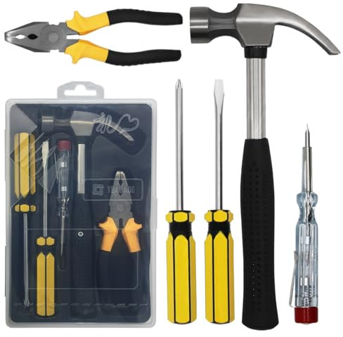 WAIZHIUA Kit di 5 attrezzi per la casa, essenziale per la casa e l'ufficio, set di attrezzi con martello, pinze, cacciavite, tester di tensione, per riparazioni fai da te e manutenzione